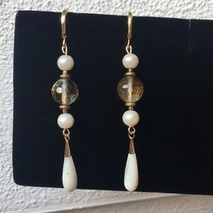 Mother of Pearl long Teardrop gemstone Brass 3" drop Earrings gold hoops